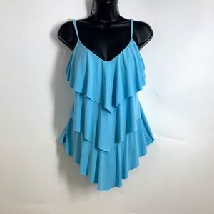 Magic Suit Womens Blue Ruffle Tiered V Neck Swim Top Tankini Size S